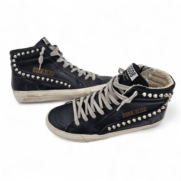 Golden Goose Slide Studded High Top Zip Up Sneaker Black Leather Size 37 US 7 - Picture 1 of 11